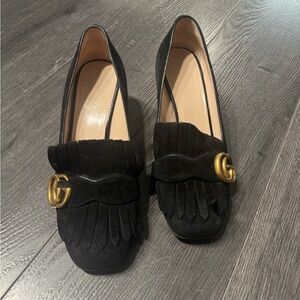 GUCCI Black Suede Loafers with Gold Accent